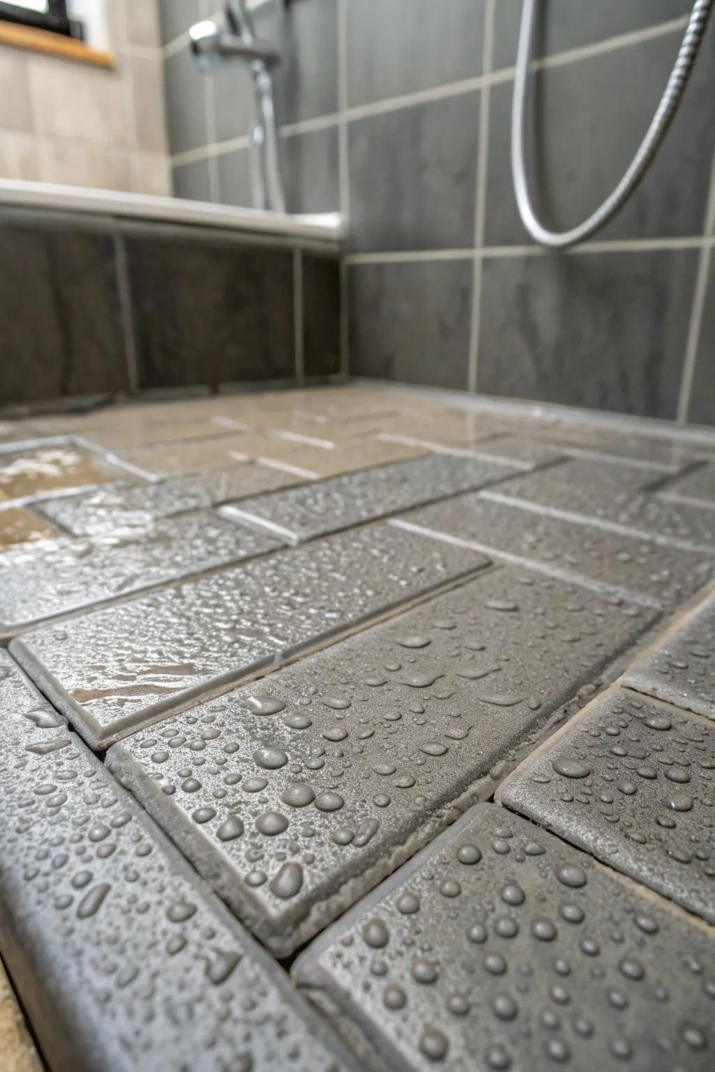 Tiles with an industrial concrete look give this shower pan a modern and minimalist edge.