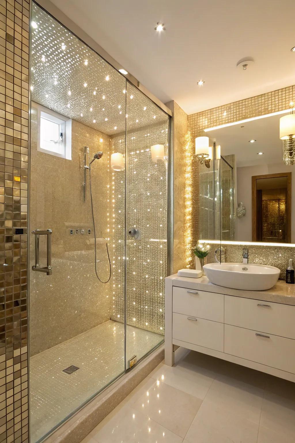 Reflective glass tiles add glamour and enhance space.
