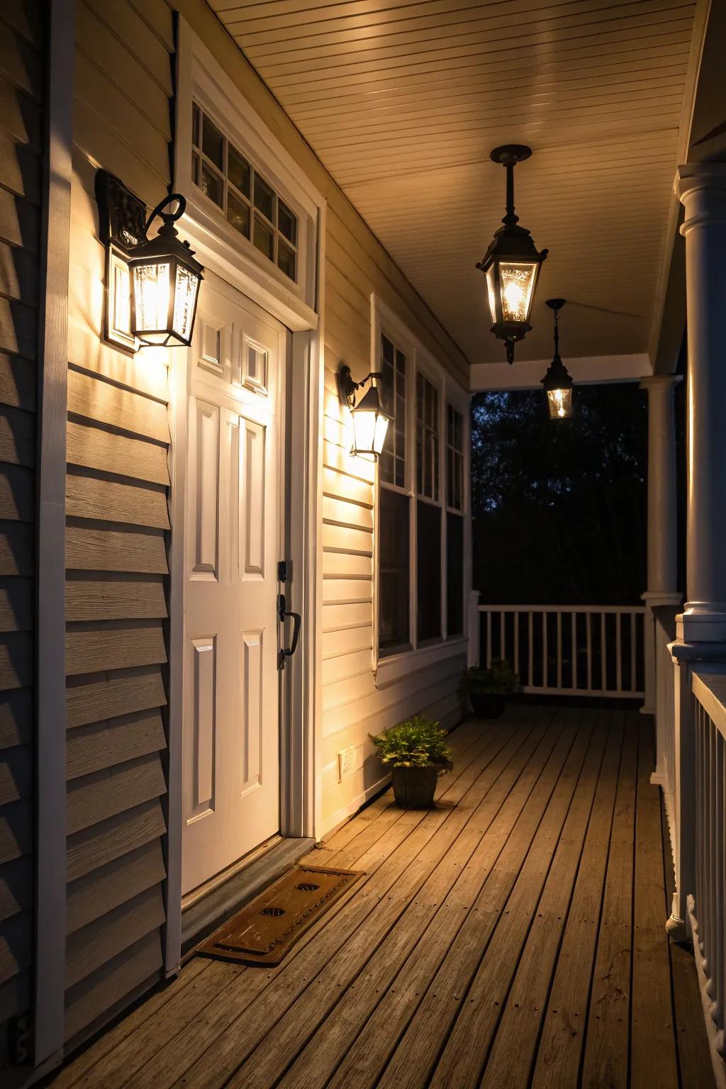 Porch lights offer a warm and welcoming entrance.