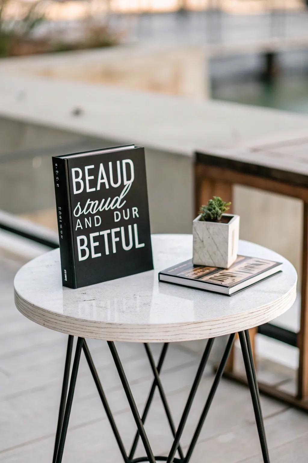 A minimalistic side table featuring a striking statement piece.