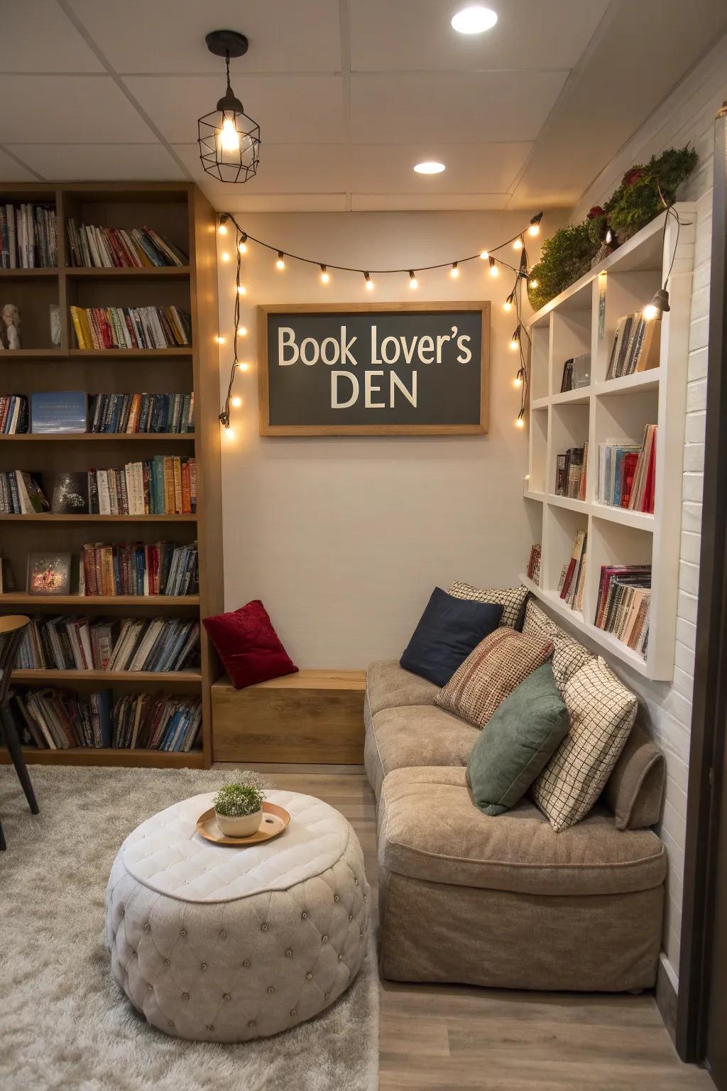 A snug reading alcove with a 'Literature Lover's Hideaway' plaque and plush seating.