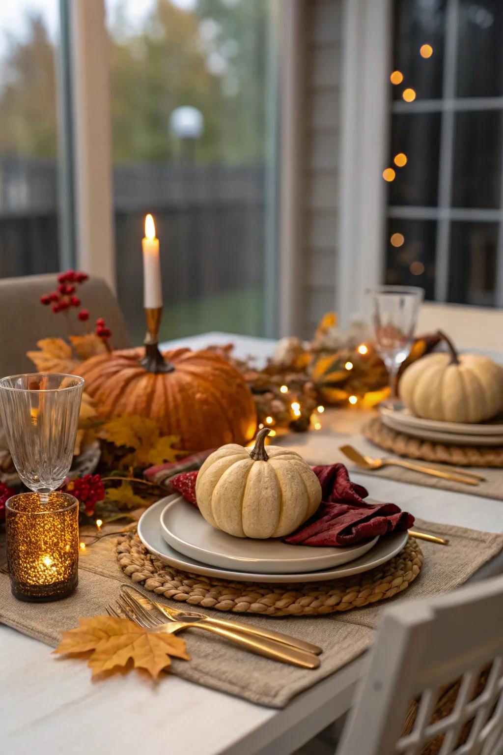 Seasonal décor maintains the table's lively aesthetic.