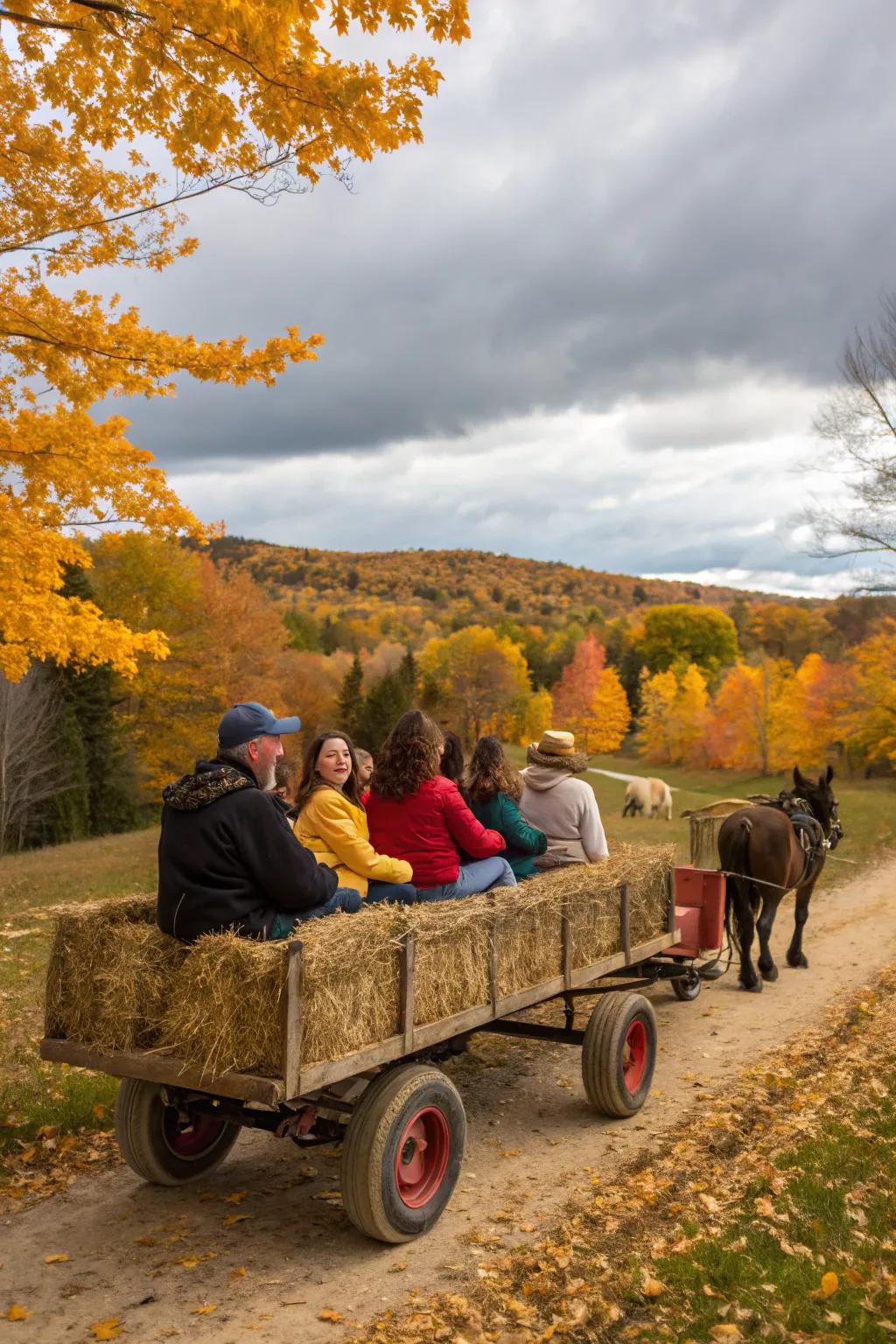 Hayrides convey motion and amusement to autumn sessions.