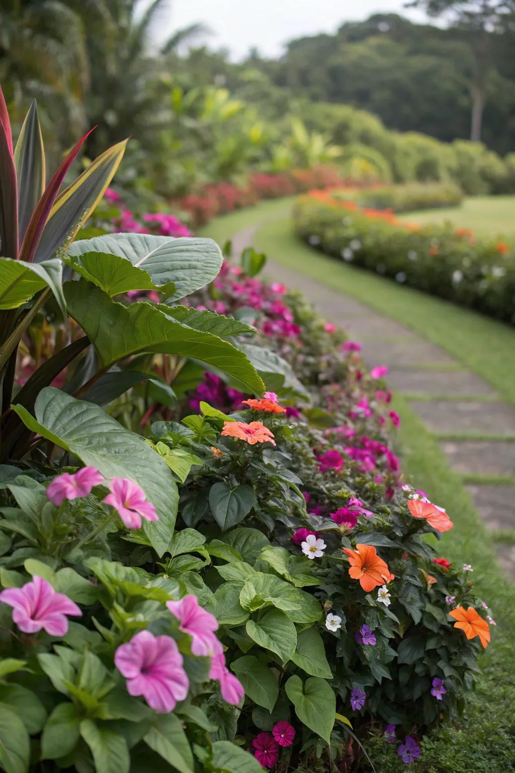 Tropical plants and vibrant blooms bring an exotic feel to this flower bed.