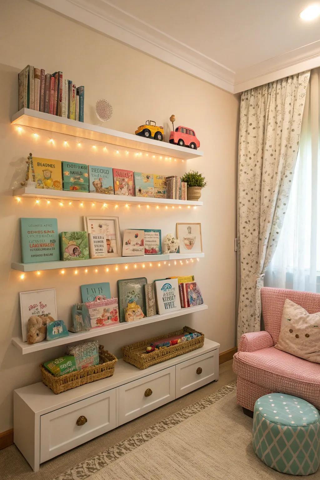 Shelving provides practical storage and display opportunities.