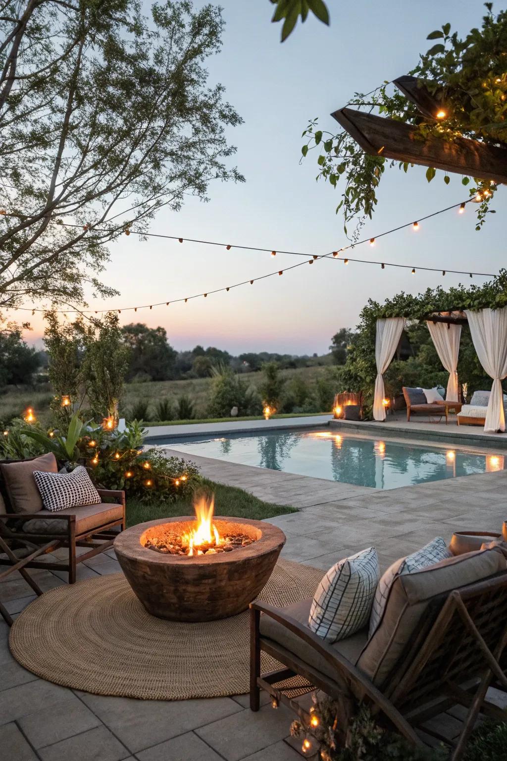 A cozy fire pit enhancing warmth and social interactions by the pool.