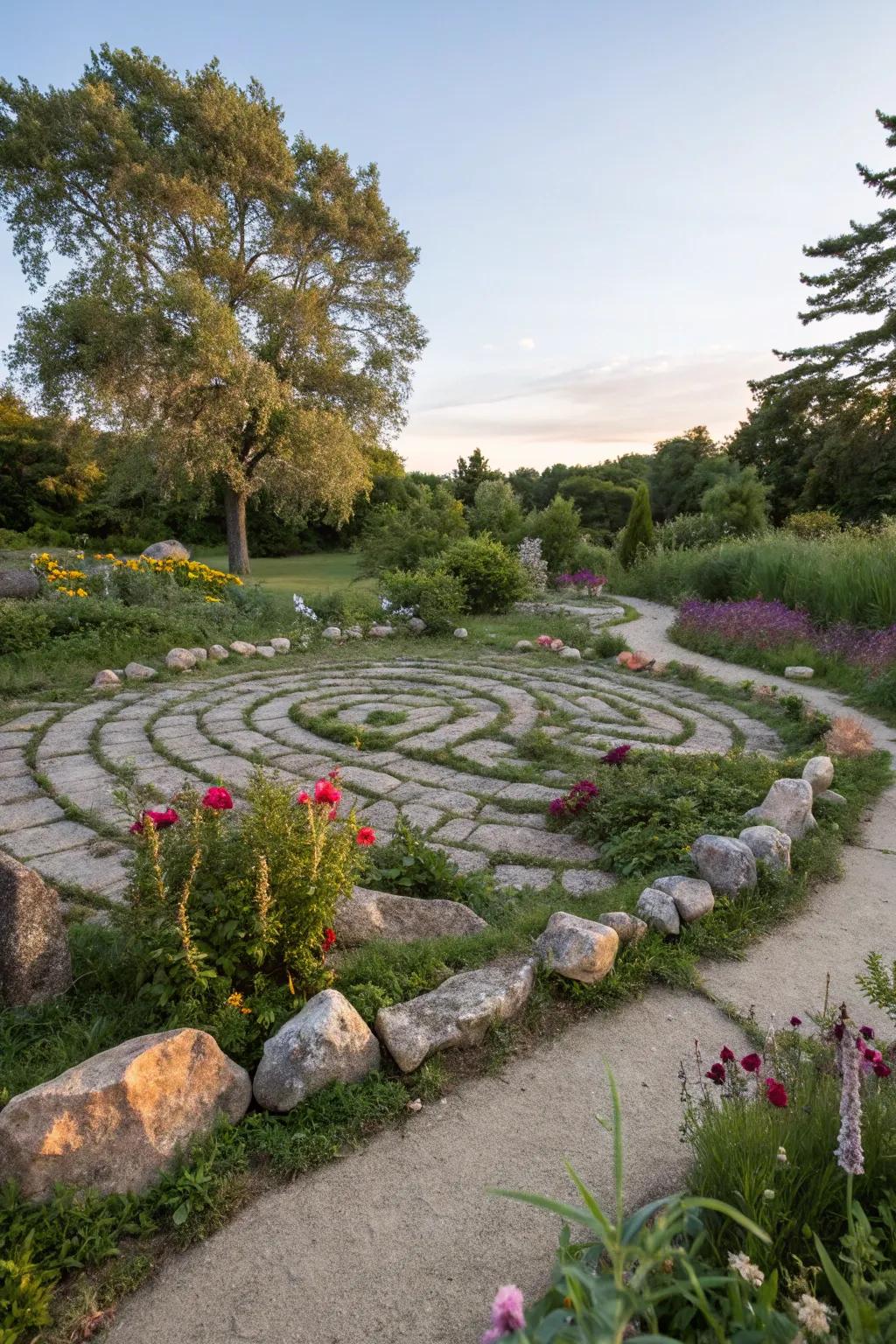 Rock labyrinths invite exploration and meditation in gardens.