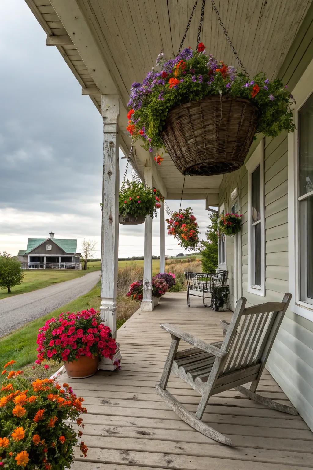Brighten your porch with seasonal baskets.