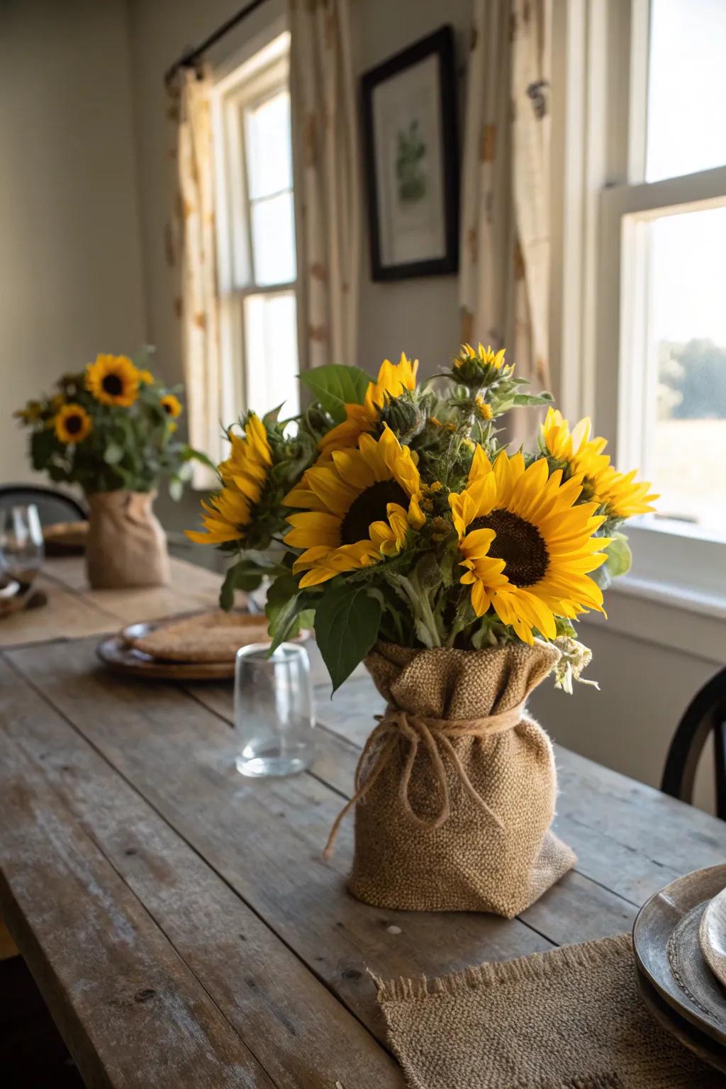 Natural fiber and sunflowers create a rustic, snug centerpiece.
