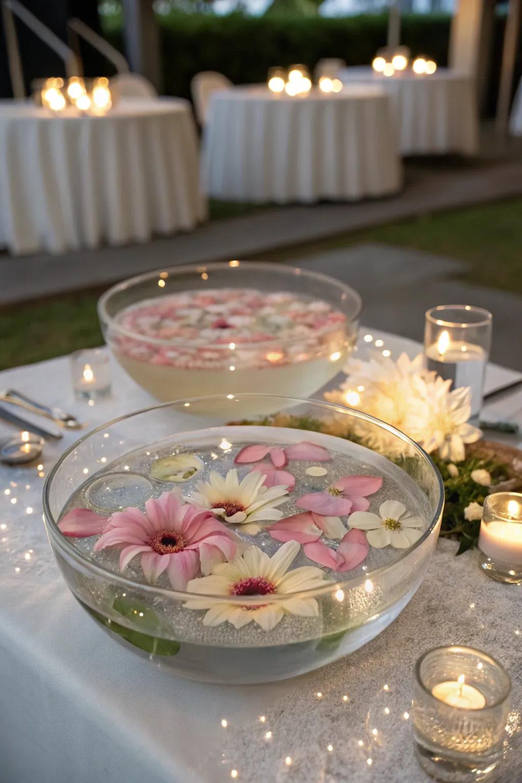 Floating flower bowls create a straightforward yet stunning centerpiece.