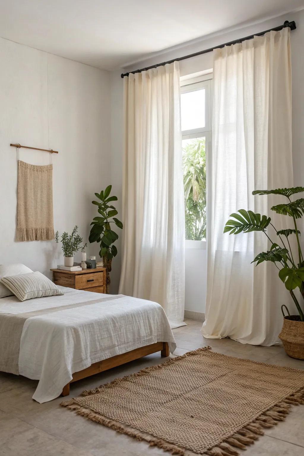 Organic cotton curtains offer a sustainable and stylish choice for this minimalist bedroom.