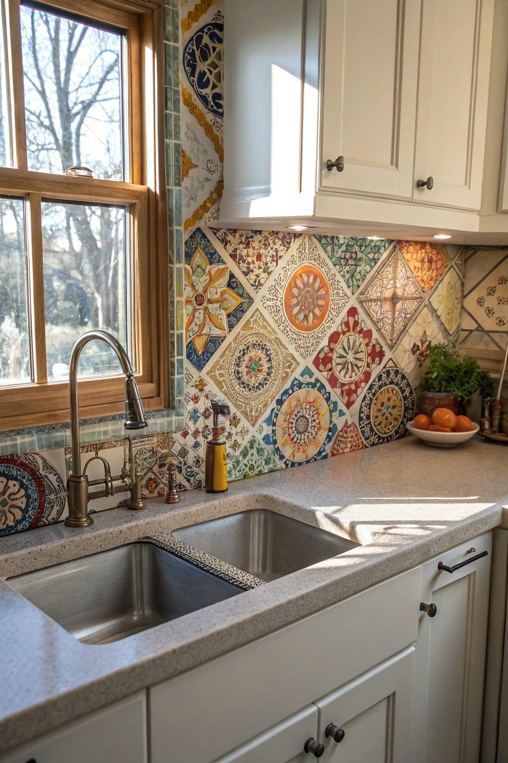 Artistic mosaic coverings establish a unique and captivating kitchen backdrop.