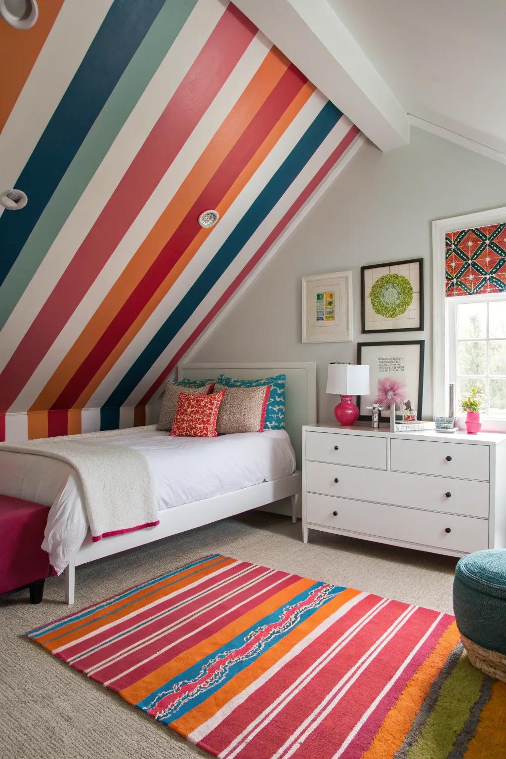 The use of stripes makes this dynamic bedroom feel modern and energetic.