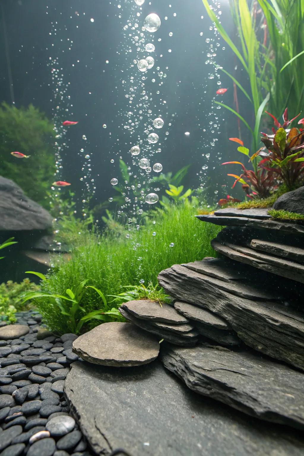 Mineral stone-enclosed bubbling outlets infuse motion into the aquarium.