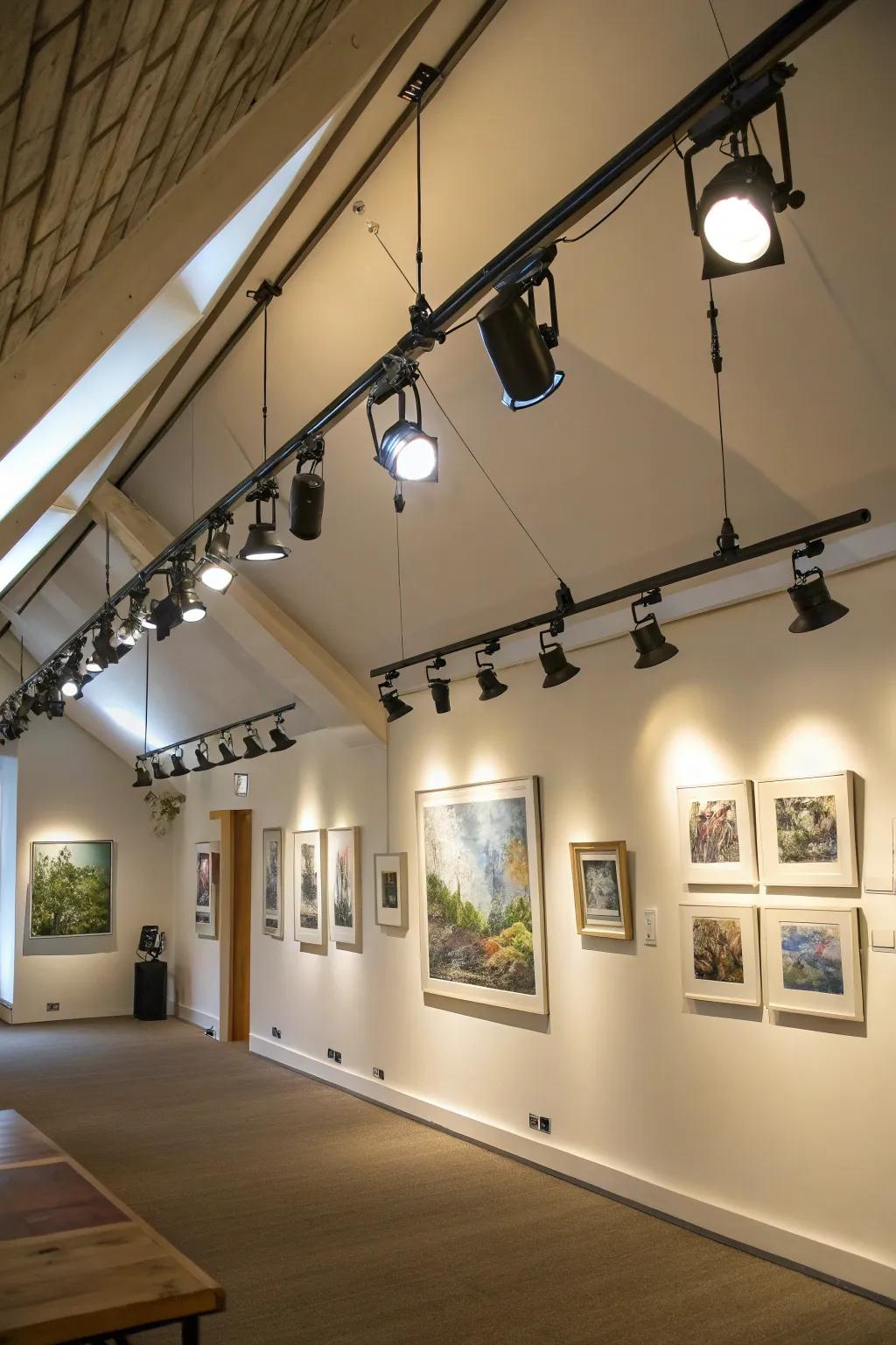 Spotlights guide focus to art pieces and structural features.
