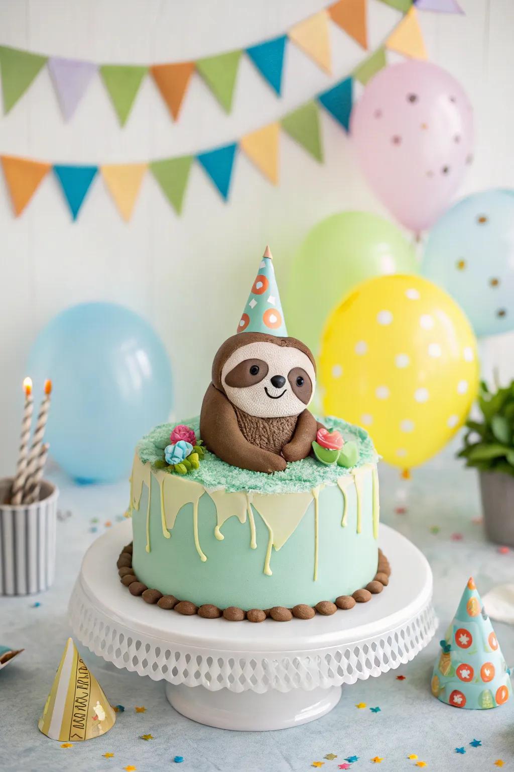 Party hats bring a festive flair to the sloth dessert.