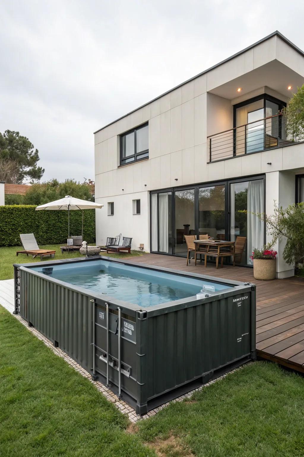 A modern above-ground pool crafted from a shipping container.