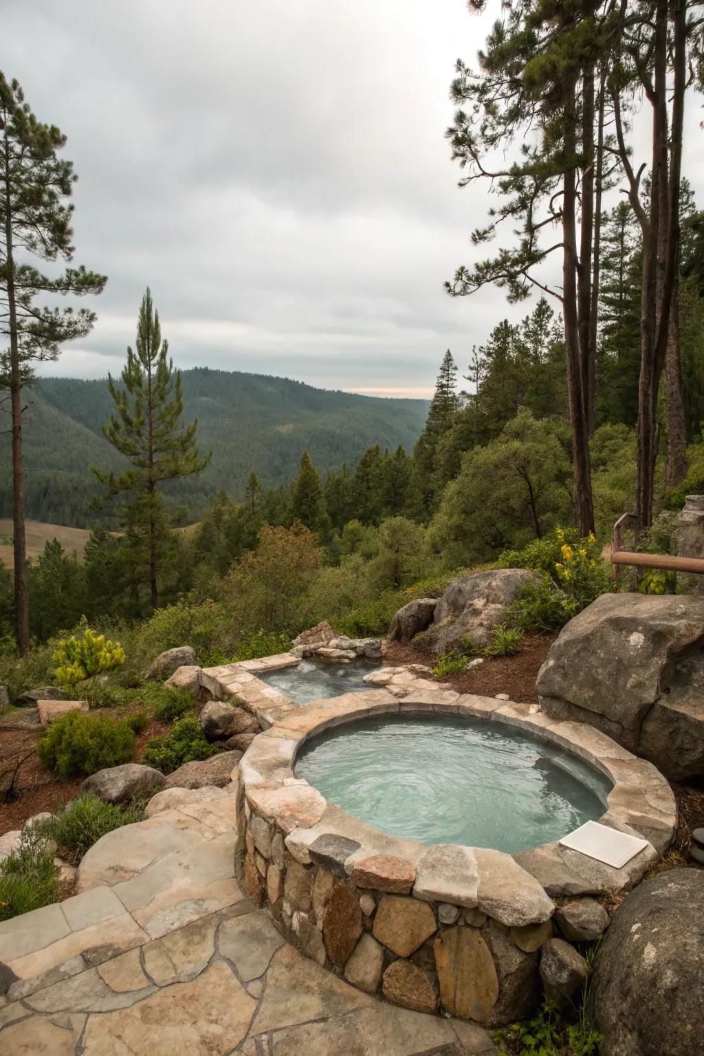 A soak station encircled by natural stone, blending harmoniously into the landscape.