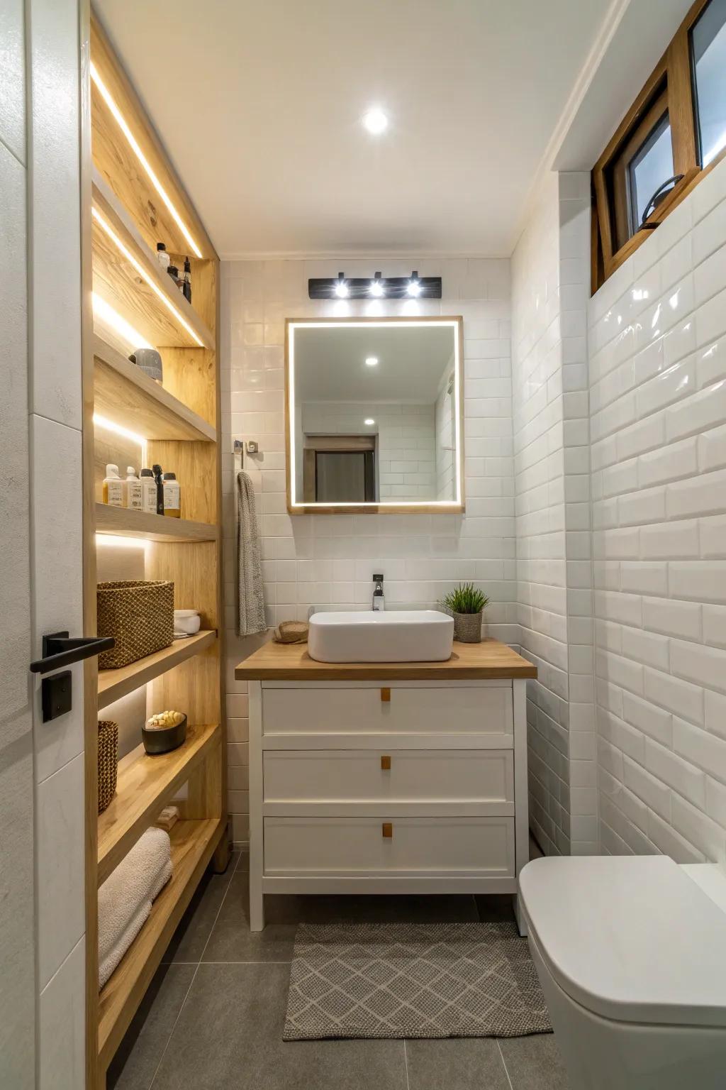 Strip lighting adding depth to the small space.