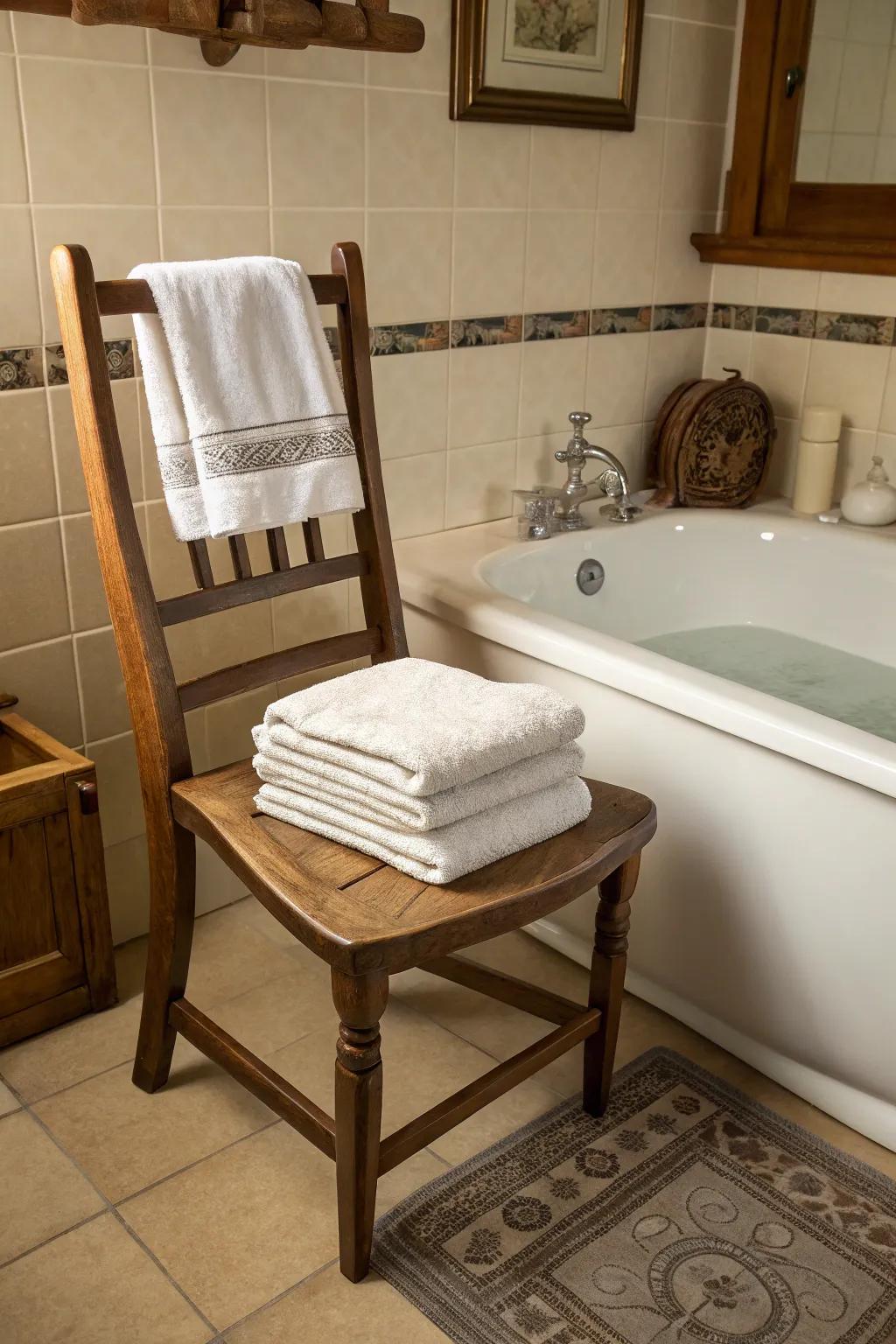 Add personality with repurposed furniture for towel storage.