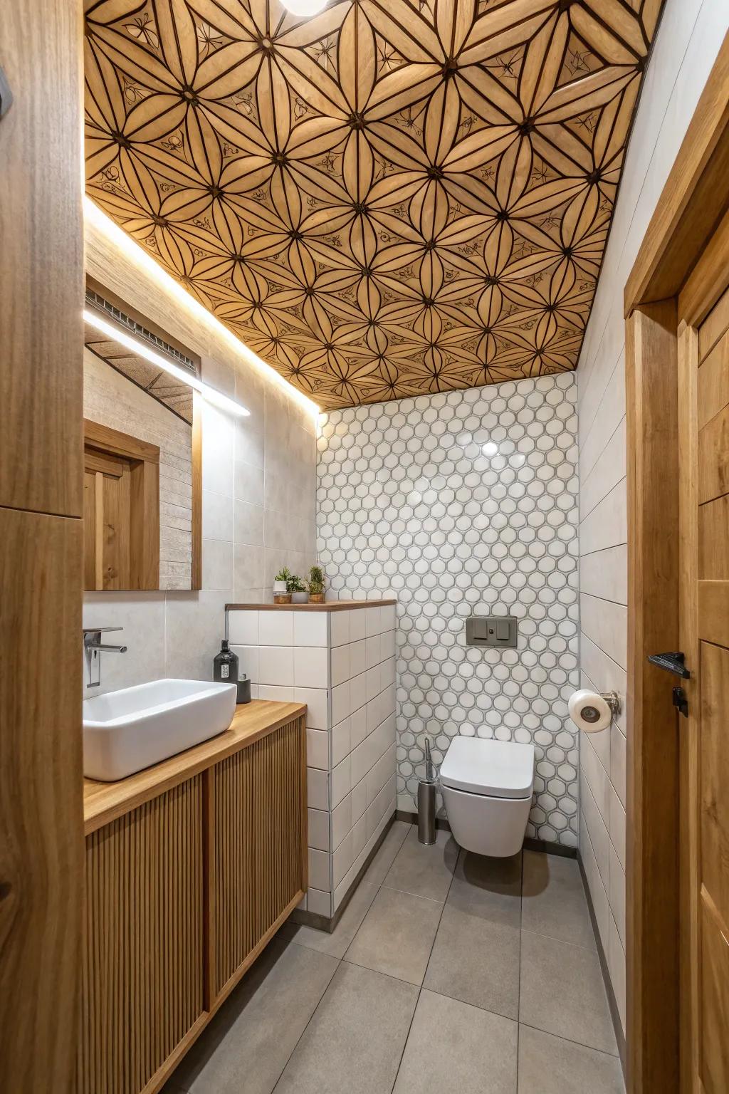 The ceiling has a contemporary feel from geometric patterns.