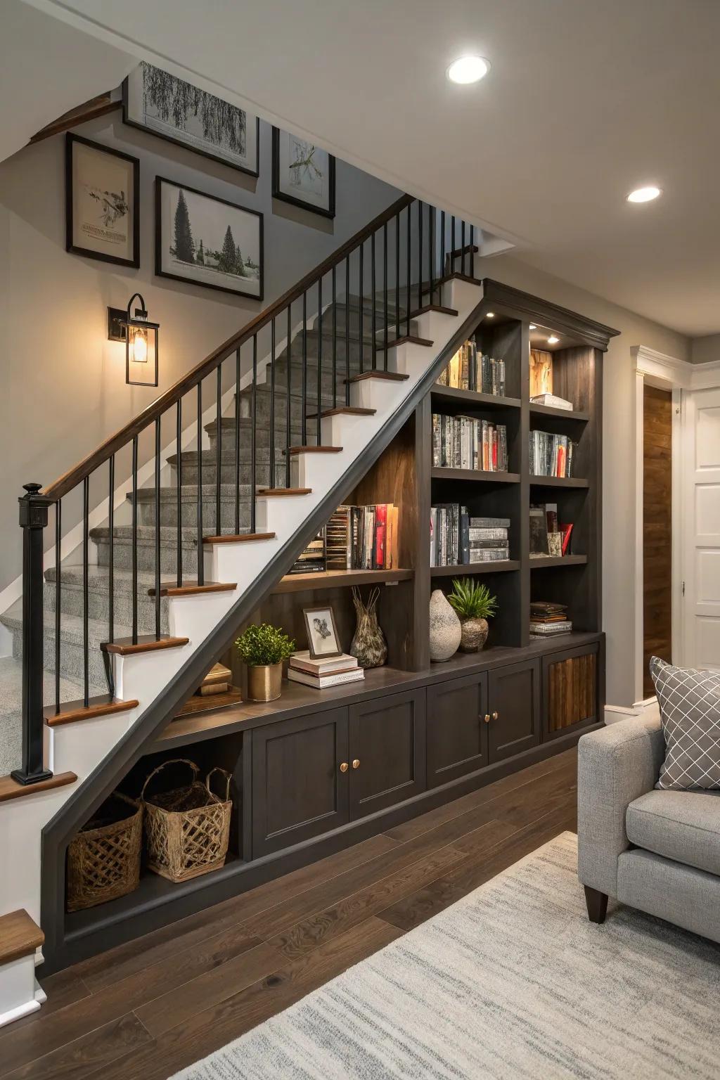 Staircase bookcases creatively utilize space.
