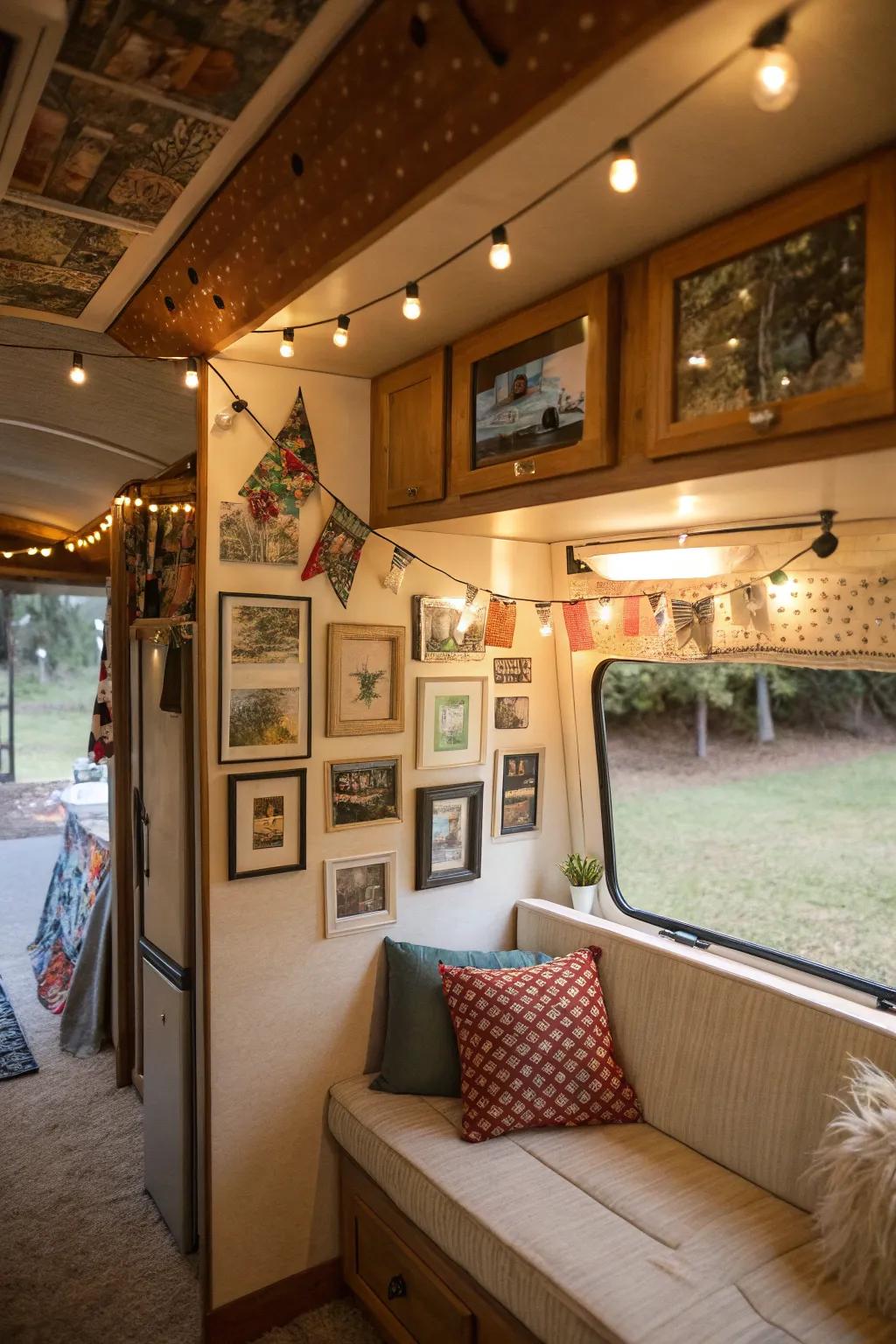 A camper interior is made cozier by personal touches like art and photos.