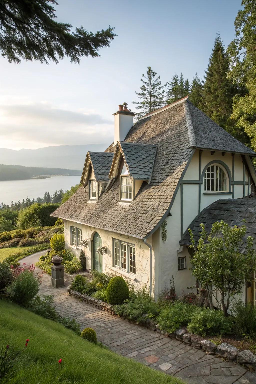A distinctive cottage design with asymmetrical features.