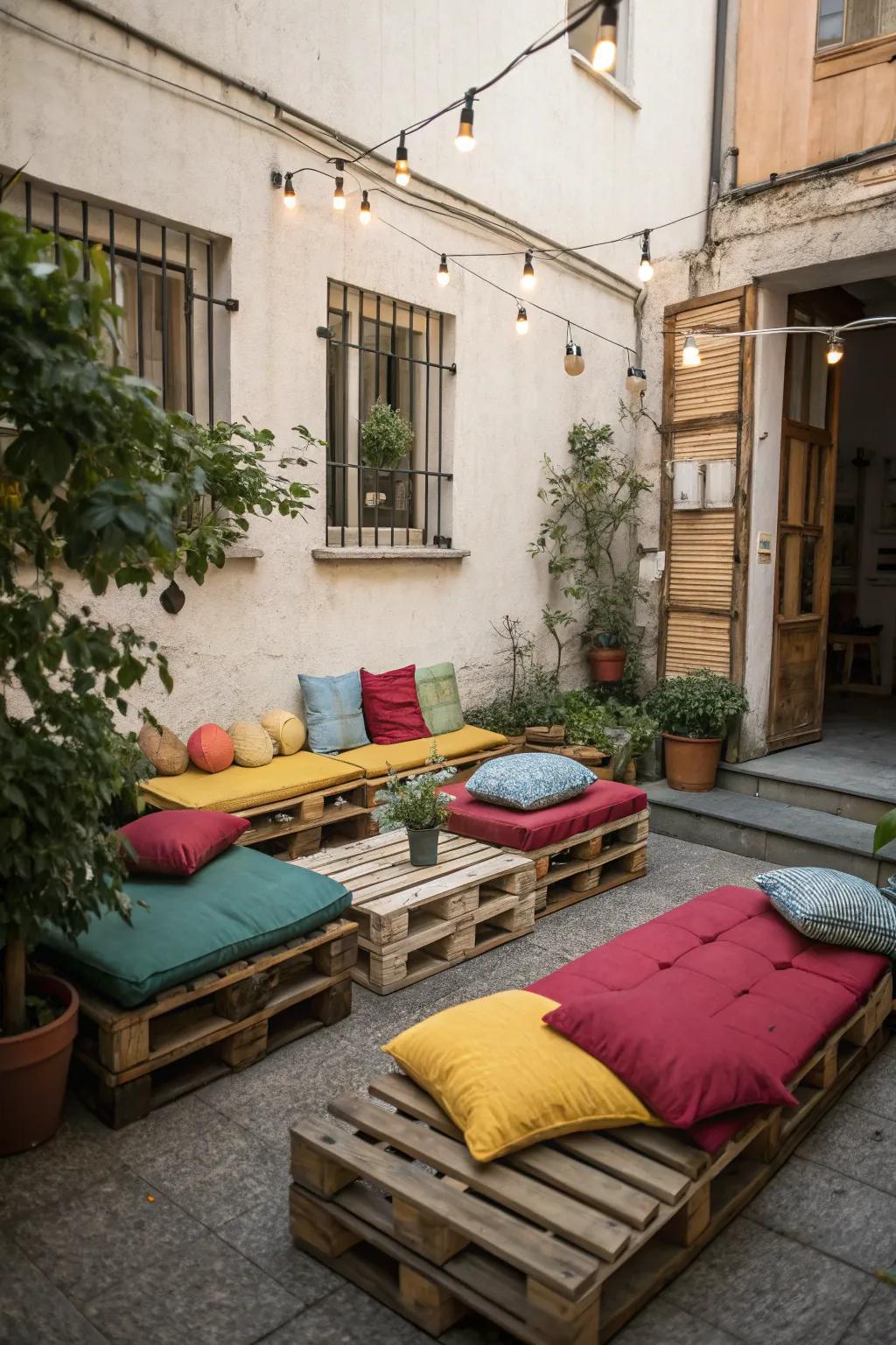 Pallet furniture is a cost-effective way to furnish a courtyard.