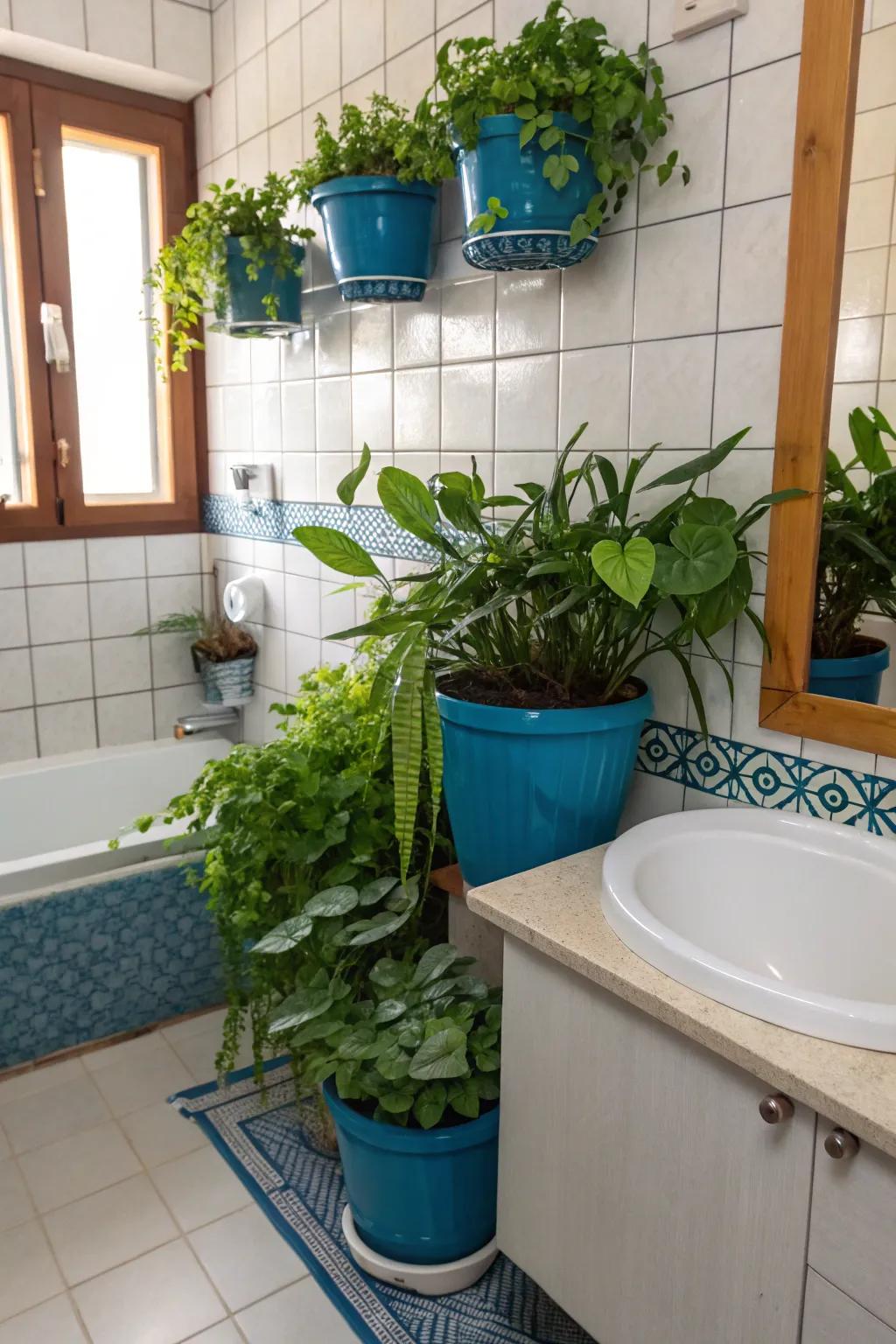 Blue greenery and décor bring a refreshing and vibrant energy to the bathroom.