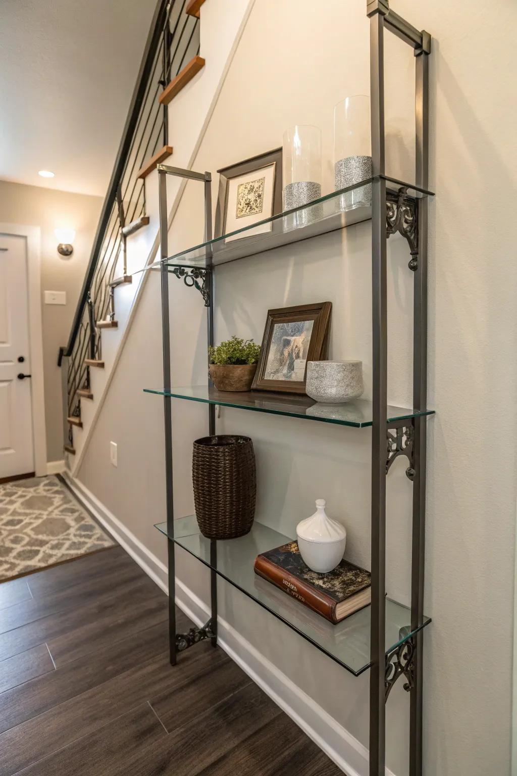 A glass and metal shelf brings a modern touch to small spaces.