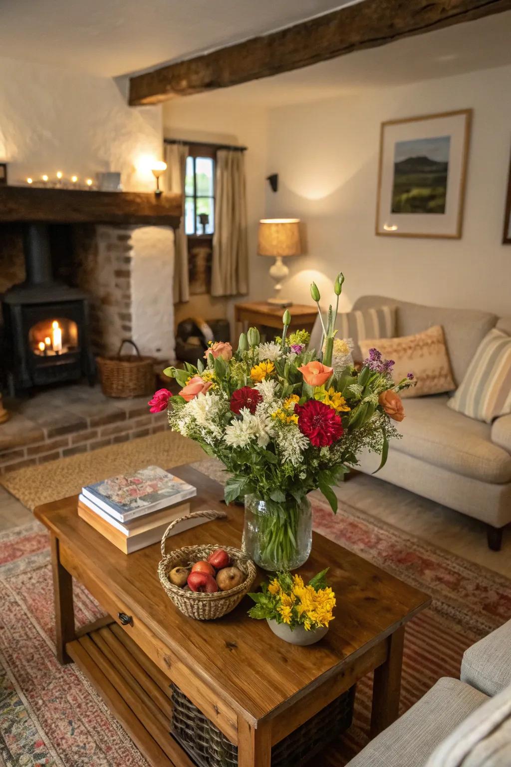 Fresh blooms introduce a vibrant touch to this charming cottage living space.