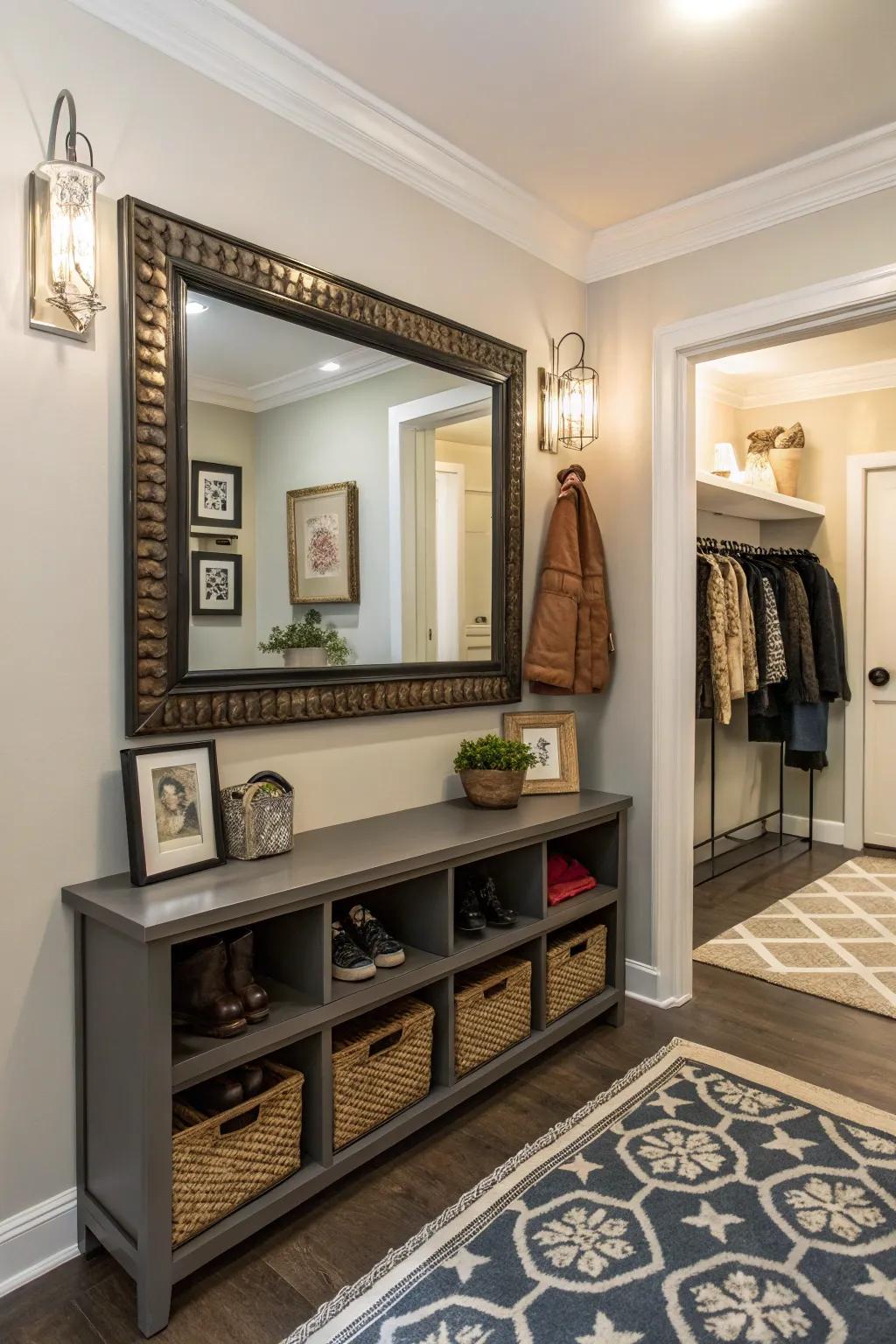 A mirror-shelf combination contributes utility and aesthetic.