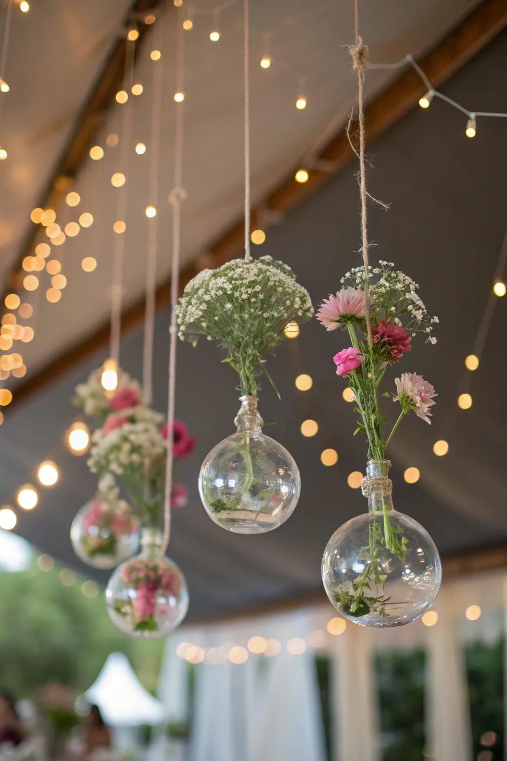 Suspended glass spheres generate a dreamy flower exhibit.