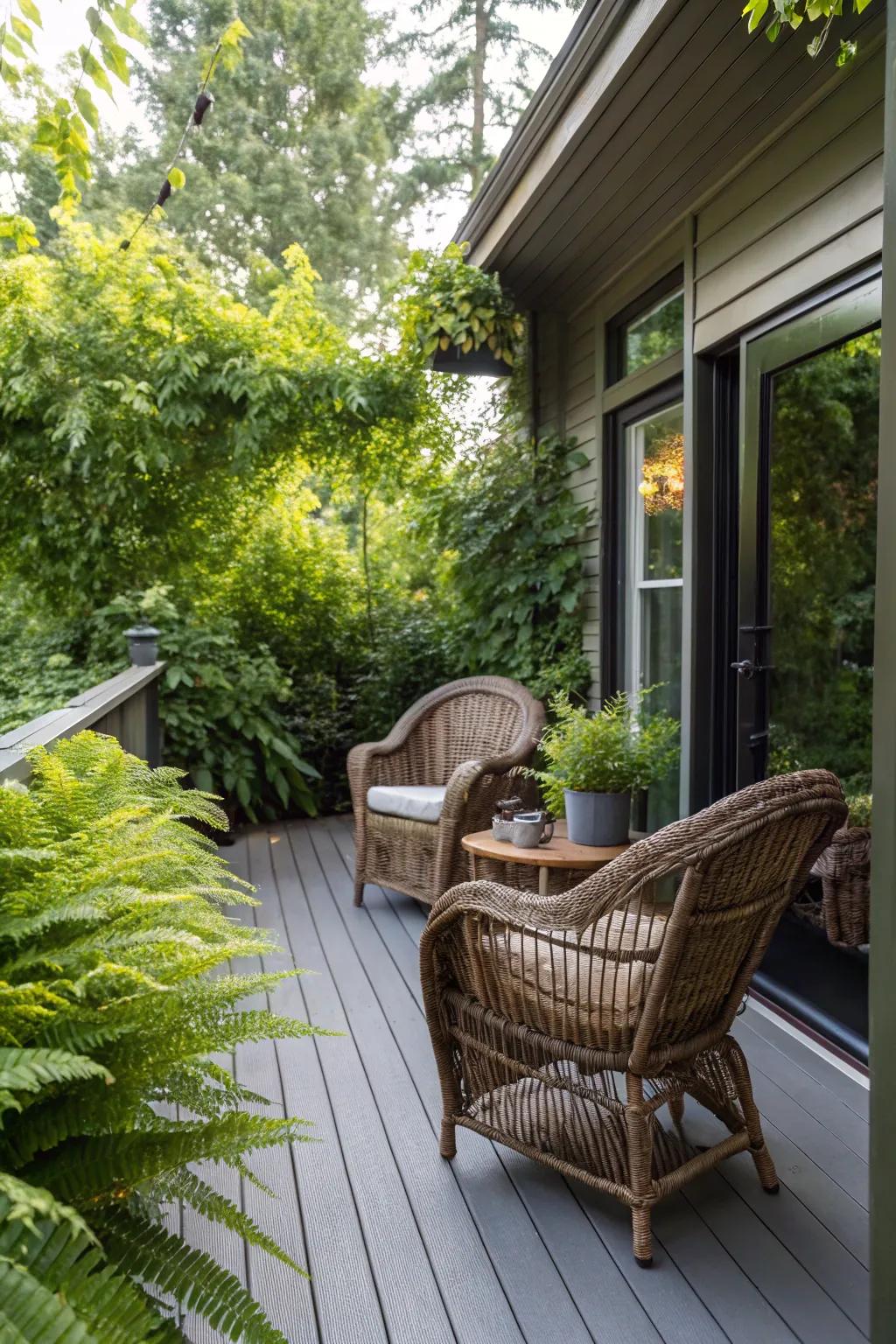 Wicker chairs lend natural texture to the deck.