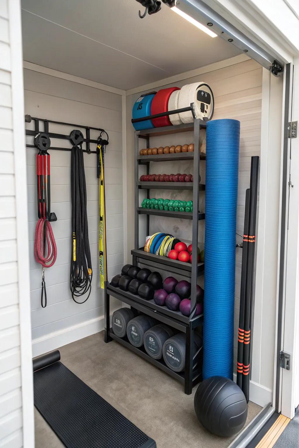 For saving space in small gyms, vertical storage racks are fantastic.