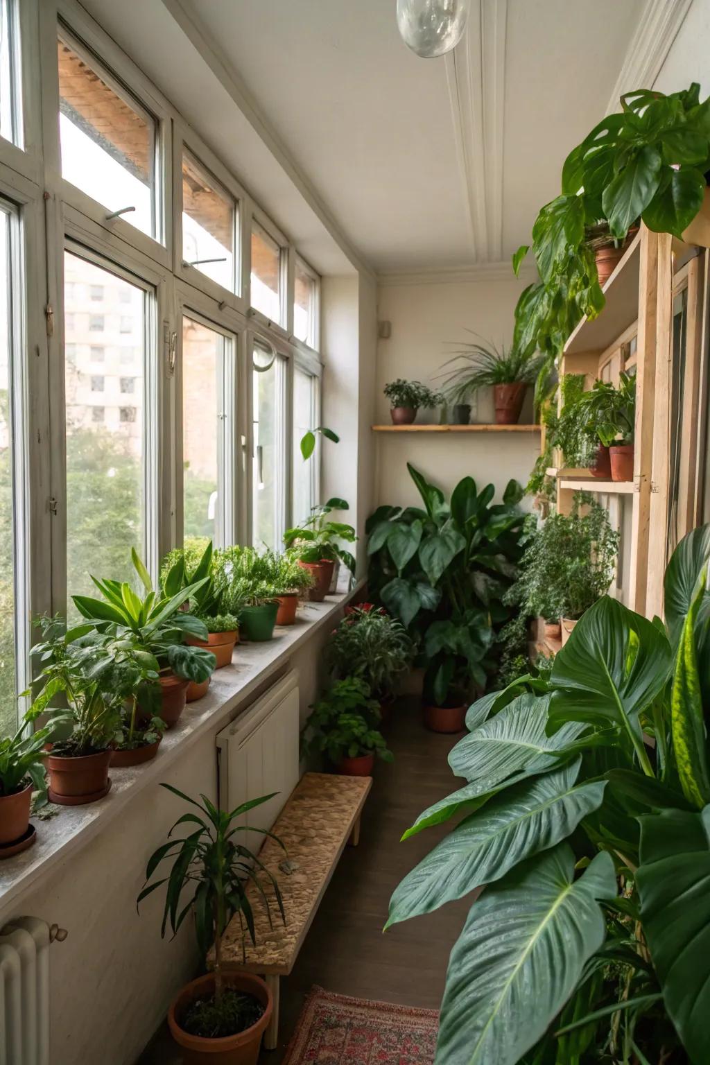 Lush green plants enhance the decor in a small indoor space.