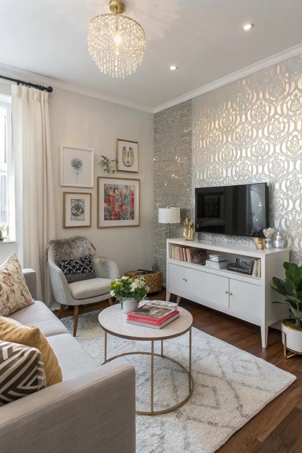 A compact living space with a glossy wall for amplified glamour.
