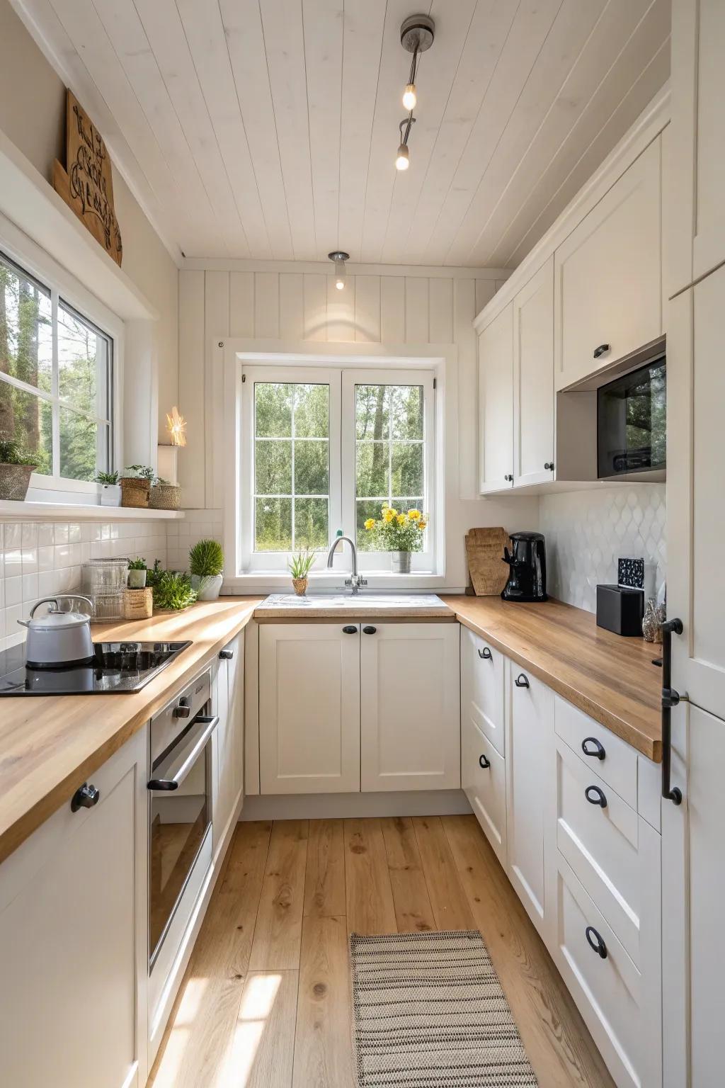 Light wood wraps brighten up a small kitchen.