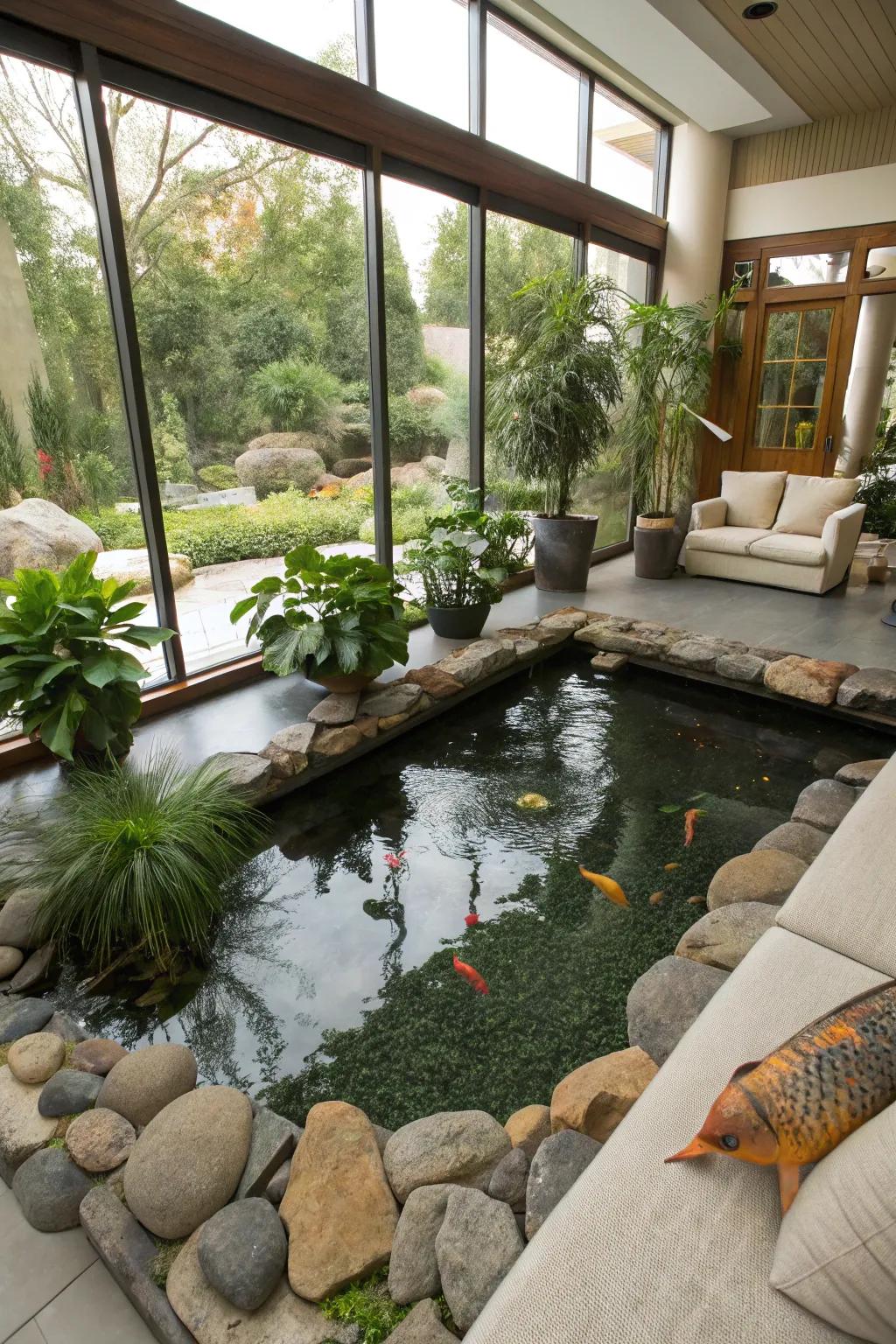 An indoor koi pond brings nature's beauty inside the home.