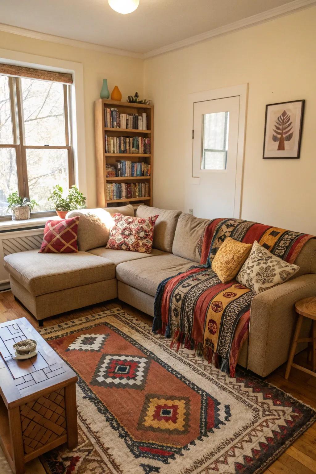 Patterns add lively energy to small living rooms.