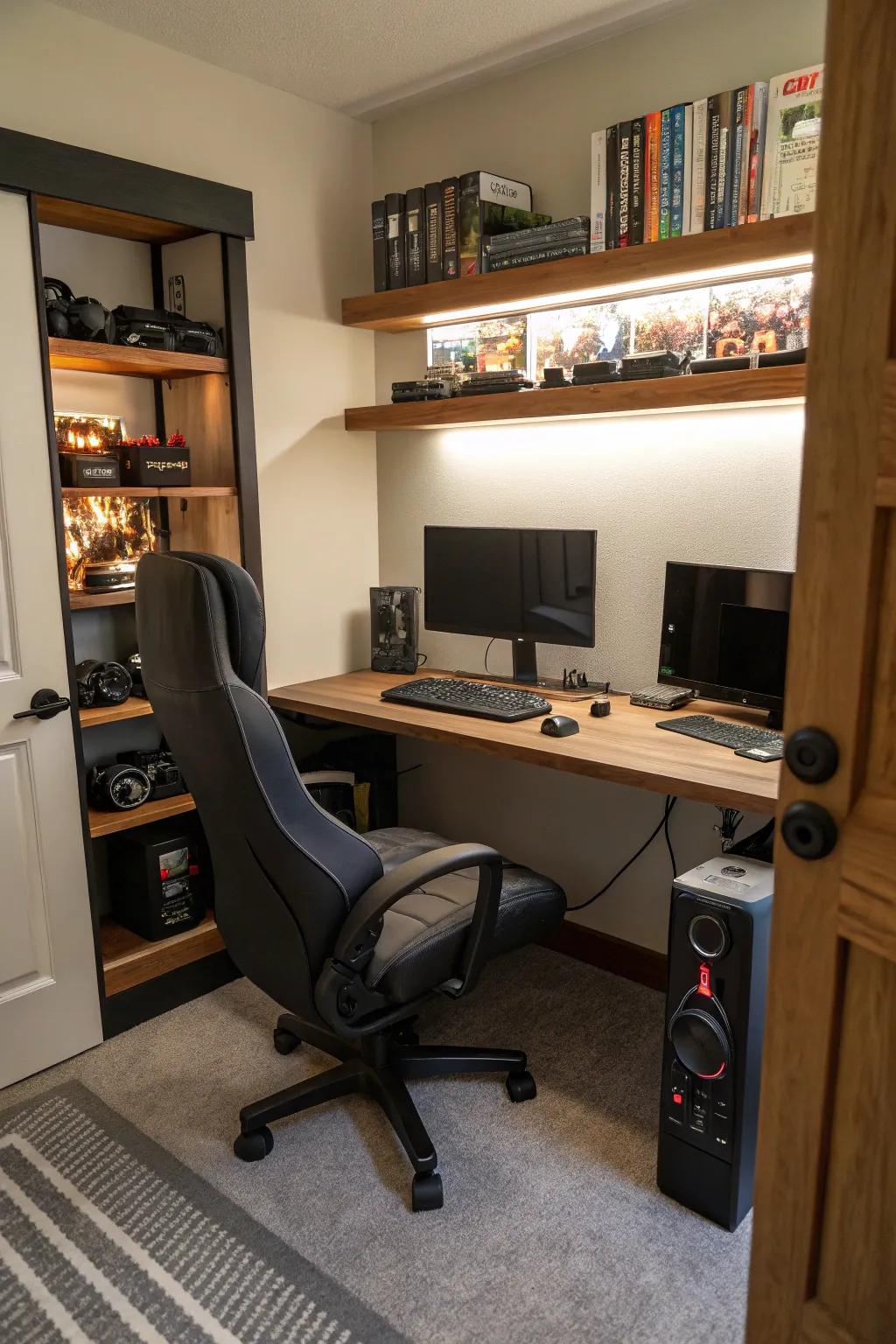 A gaming station with ergonomic seating turns the area into a gamer's dream.
