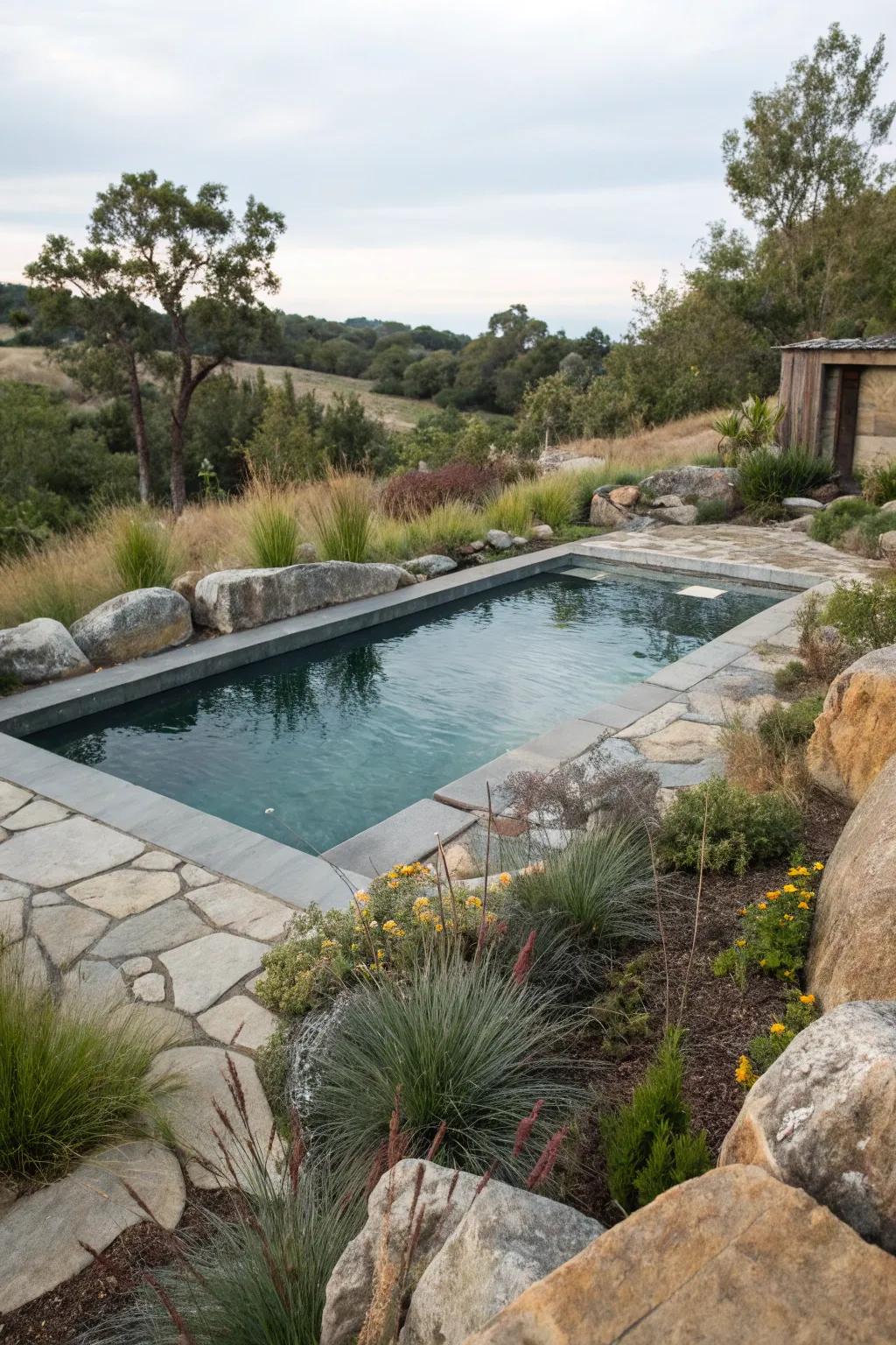 Authentic landscaping merging seamlessly with the pool.