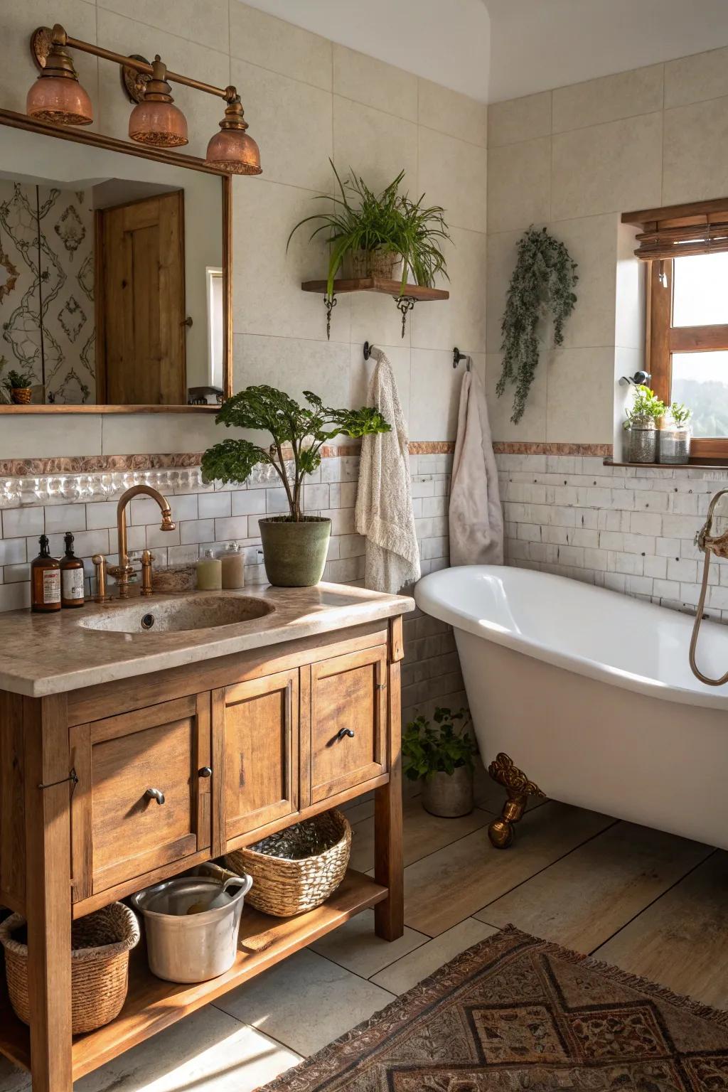 Copper touches add a luxurious twist to rustic bathrooms.