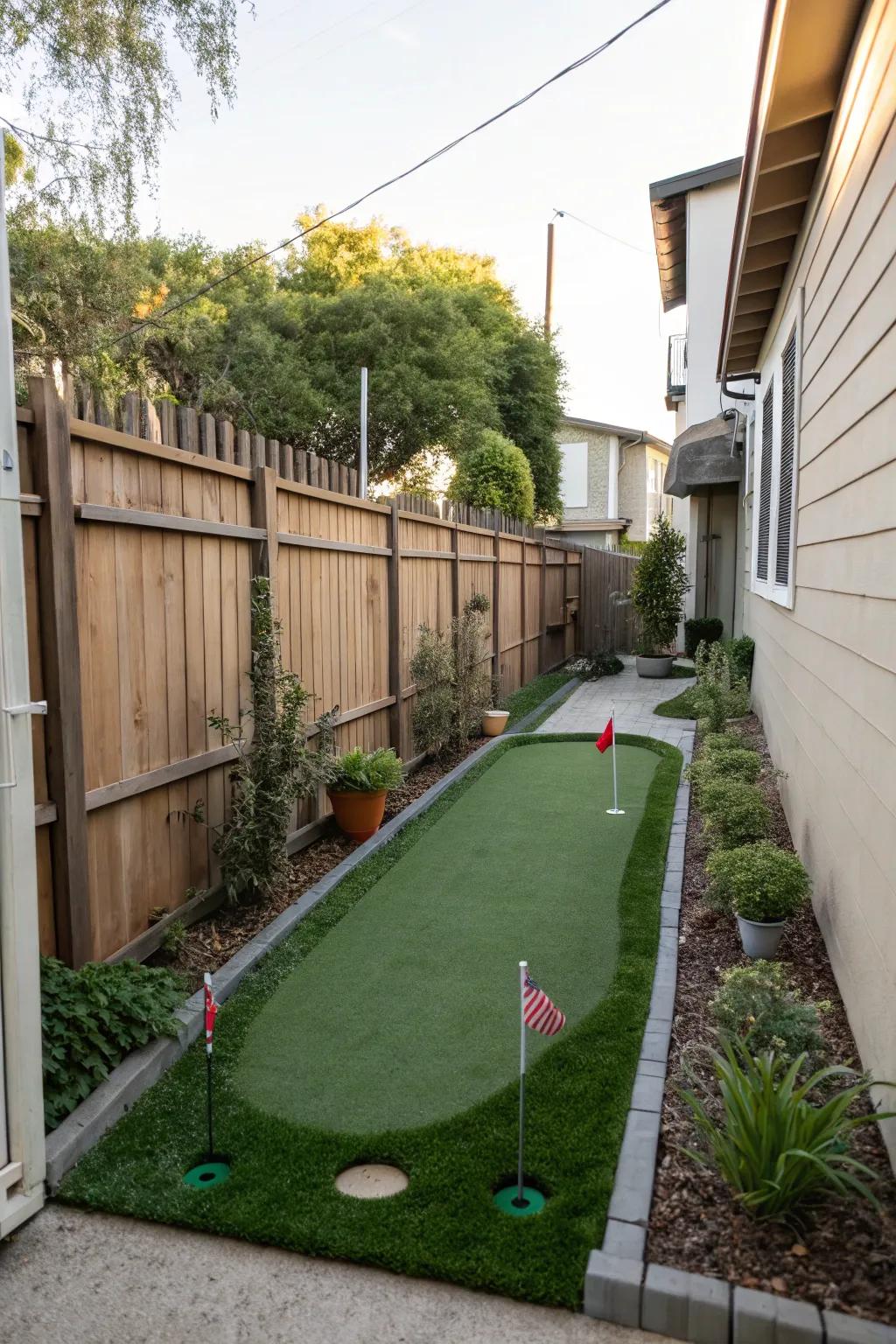 A mini putting green adds fun and functionality to narrow side yards.