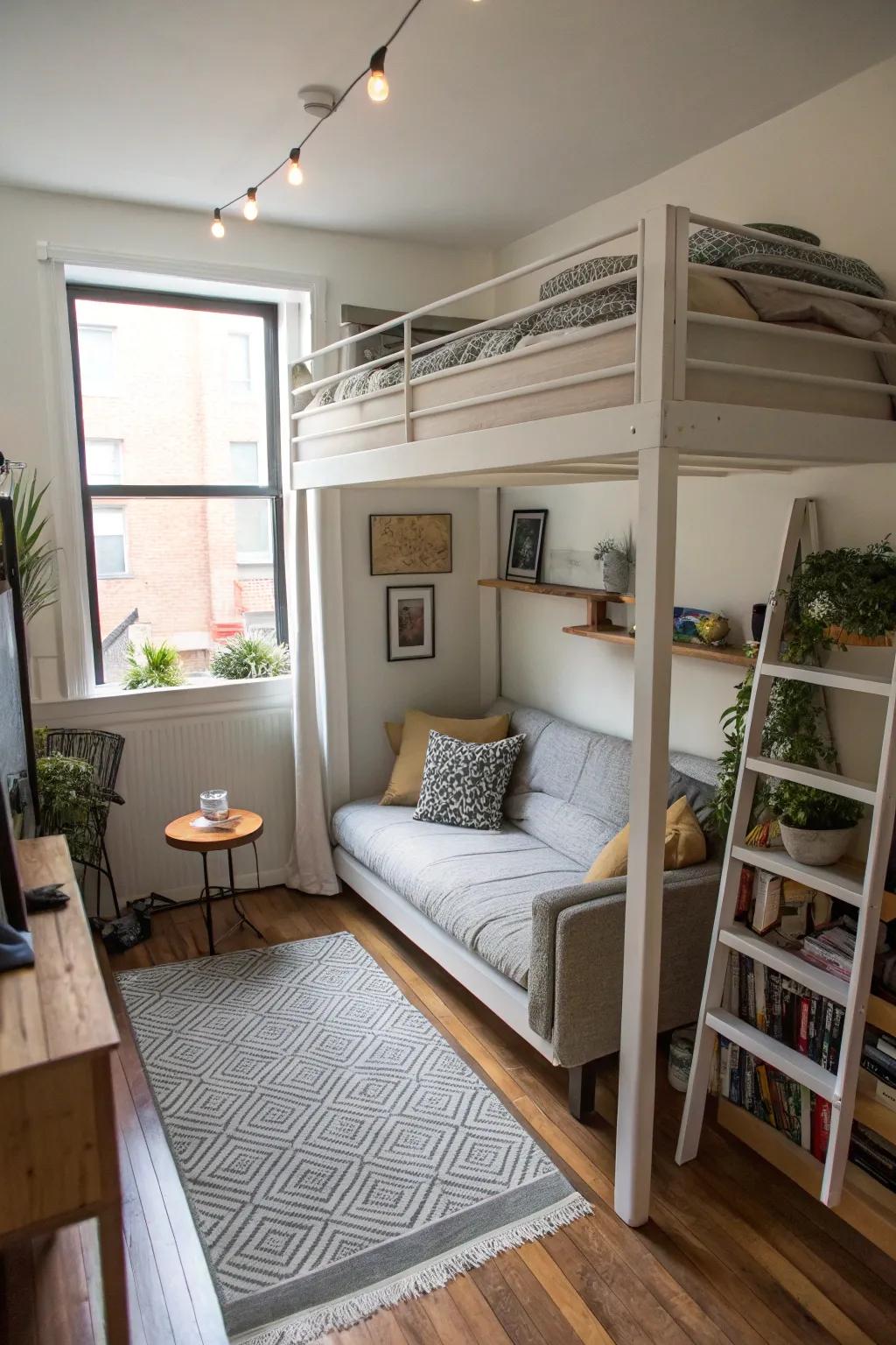 A lofted bed makes great use of vertical space.