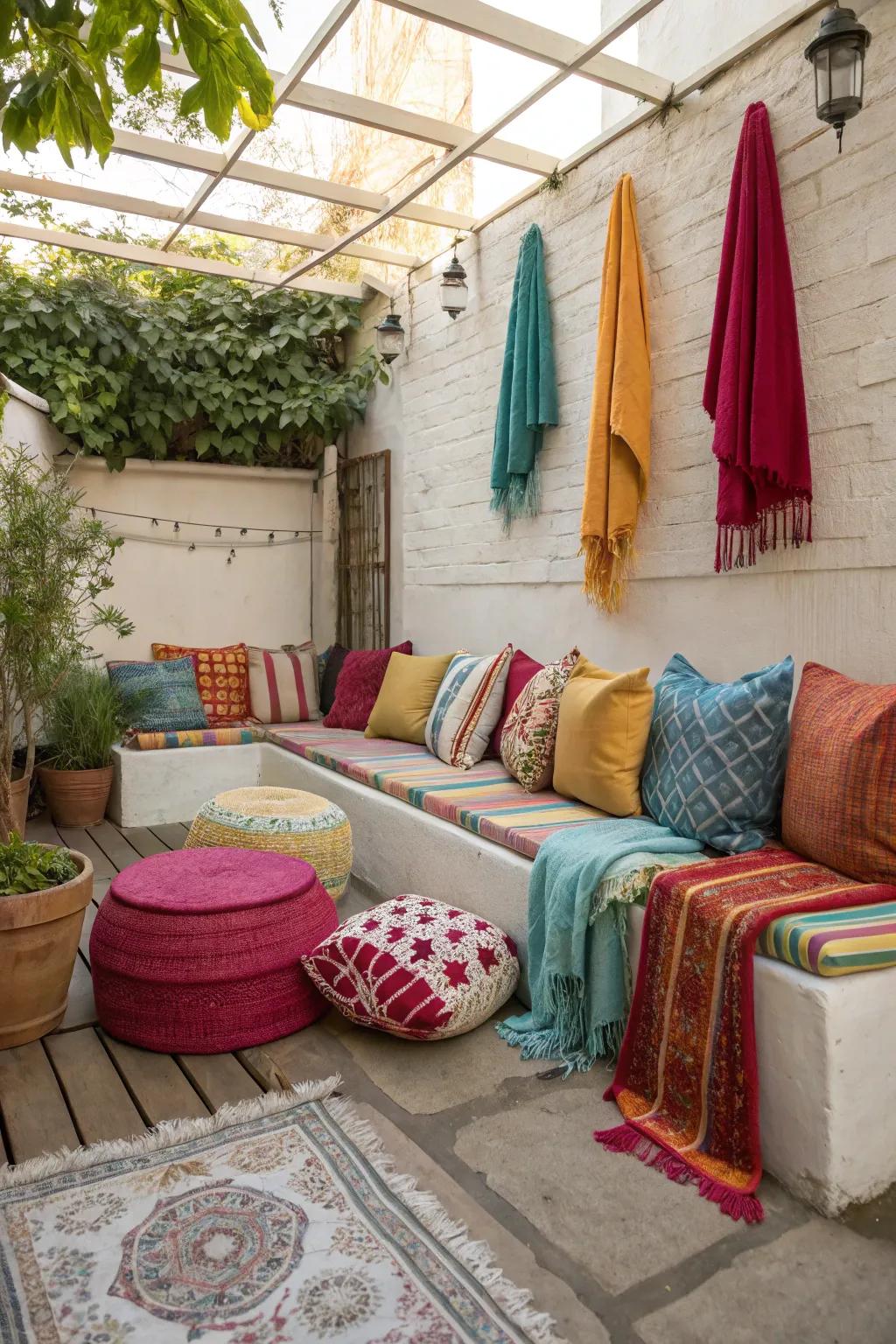 Colorful fabrics infuse warmth and character into your outdoor space.