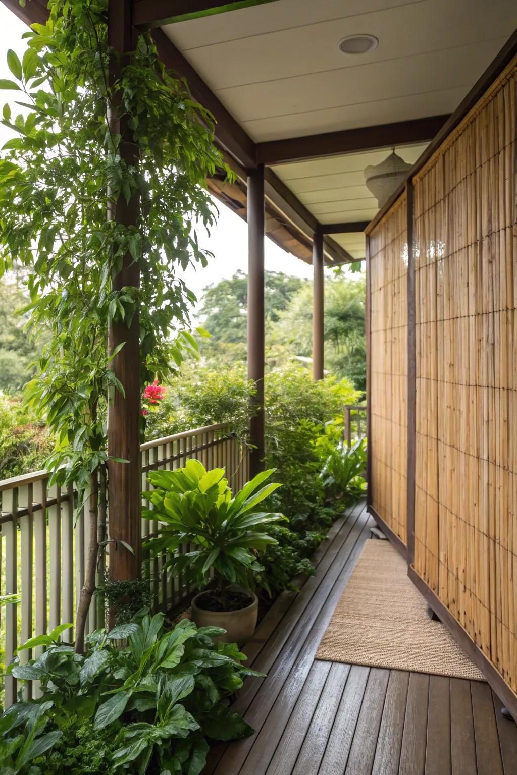 A side porch with a bamboo seclusion screen and lush greenery.