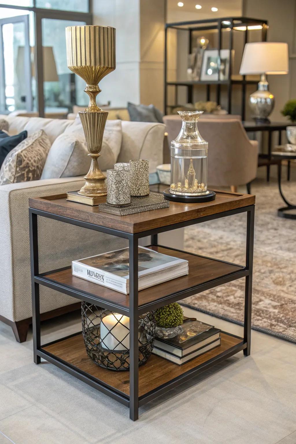 Blended materials introduce texture and interest to an accent table.