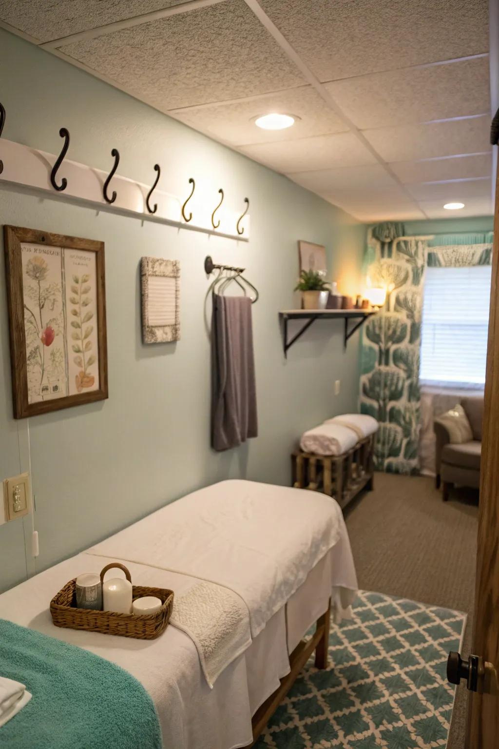 Wall hooks provide practical storage for client items.